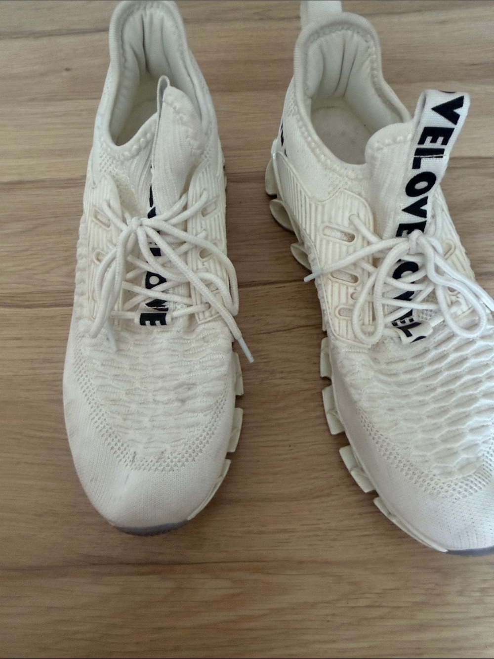 Men's Cream Knit Sneakers with Pull-Tab Branding